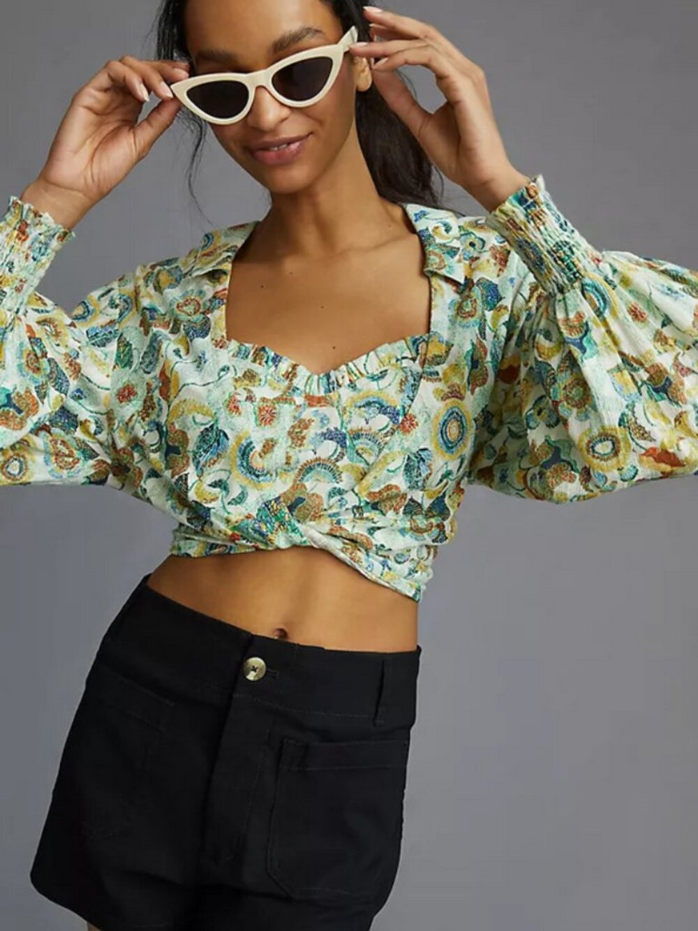 By Anthropologie Twist Crop Top Set Smocked Printed Wrap Blouse New Plus Size 2X